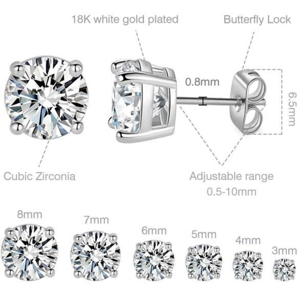 6 Pair CZ Stud Earrings Set 18K White Gold Plated Round Clear for Men Women - Picture 3 of 7